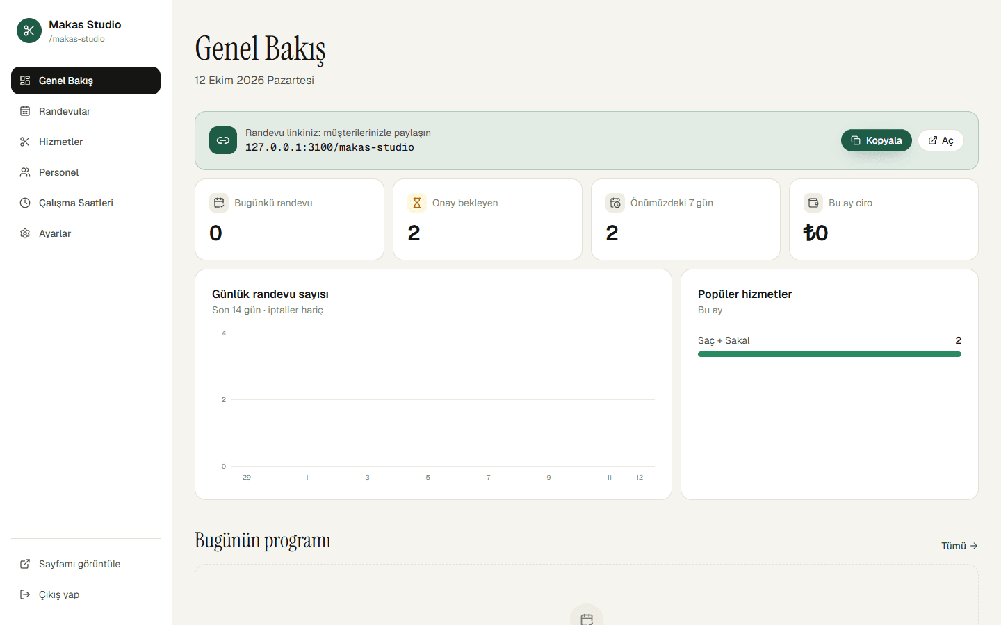İşletme paneli: istatistikler ve paylaşılabilir randevu linki